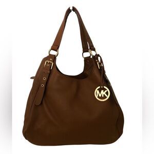 Michael Kors Pebbled Grain Leather Belted Strap Hobo Shoulder Bag Cognac